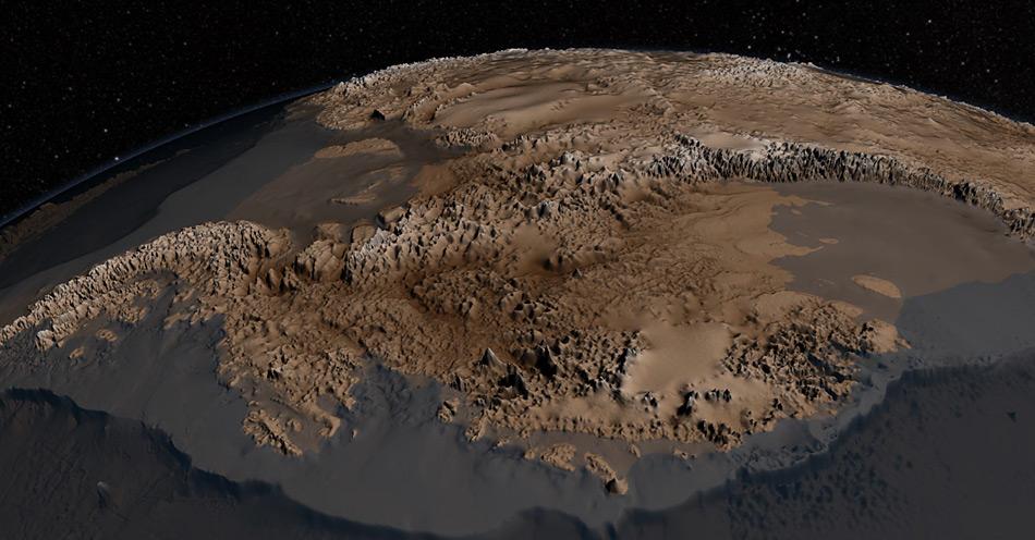 Hebt man den Eispanzer, kommt eine ganz andere Welt zu Tage. Hohe Gebirgszüge, tiefe Täler und weite Ebenen zeichnen den antarktischen Kontinenten aus.