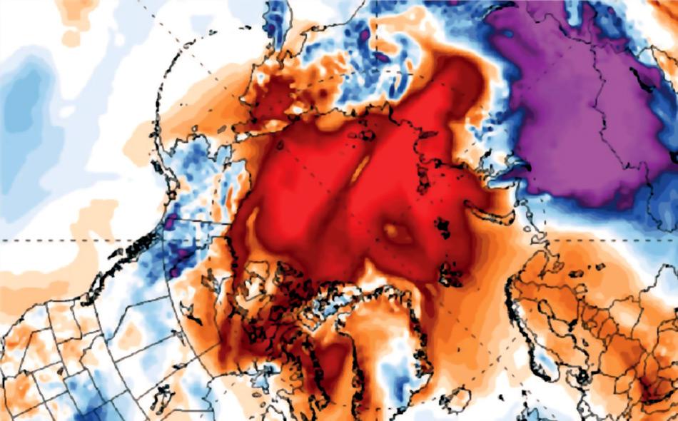 Diese Karte, die durch Satellitendaten der Universität Maine erstellt wurde, zeigt die extensive Erwärmung in der Arktis zwischen Oktober und Dezember 2016. Je mehr rot, desto höher die Durchschnittstemperatur. Bild: Universität Maine