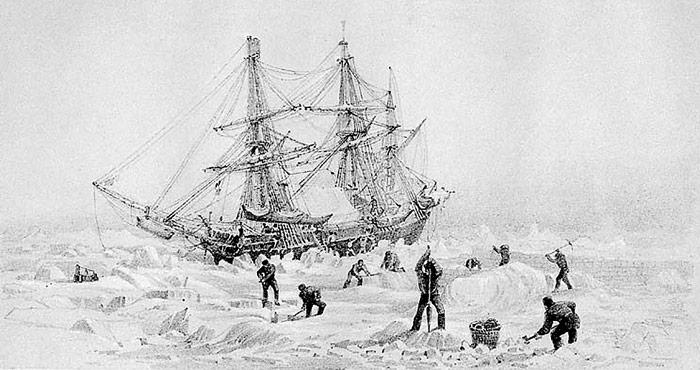 Die Schiffe «Erebus» und «Terror» wurden für Fahrten im Eis mit Dampfmaschinen ausgerüstet und der Rumpf mit Eisenplatten verstärkt.